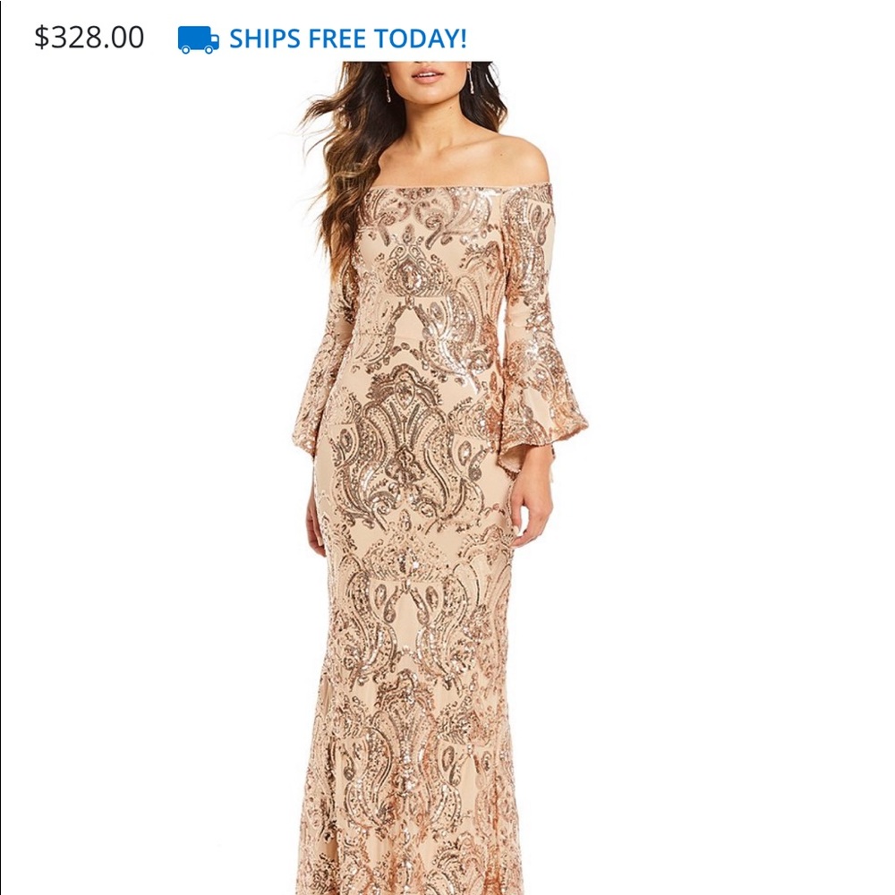 Sequined Off-Shoulder Flutter Sleeve Gown
